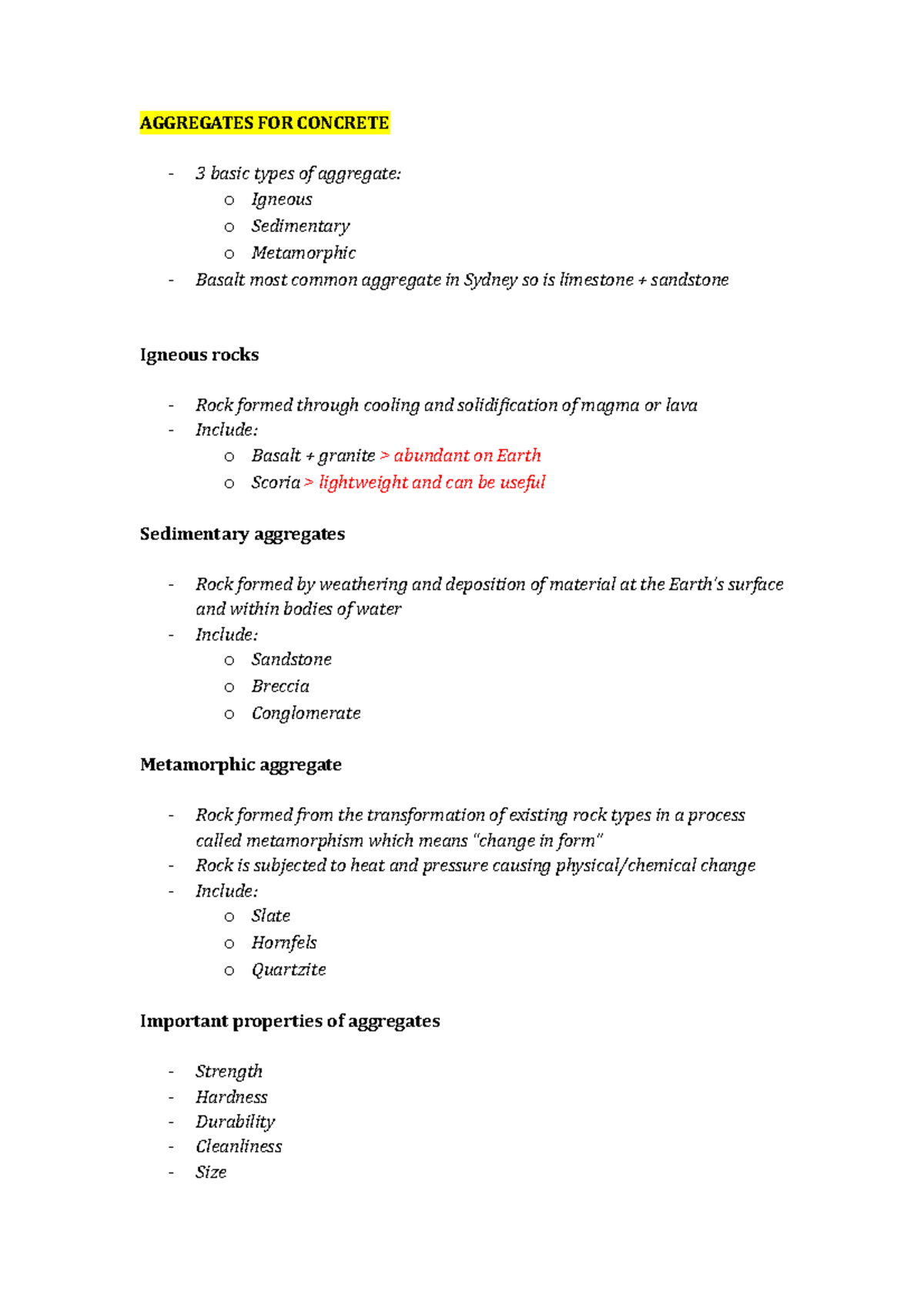 Summary - lecture All - Aggregates for concrete - AGGREGATES FOR