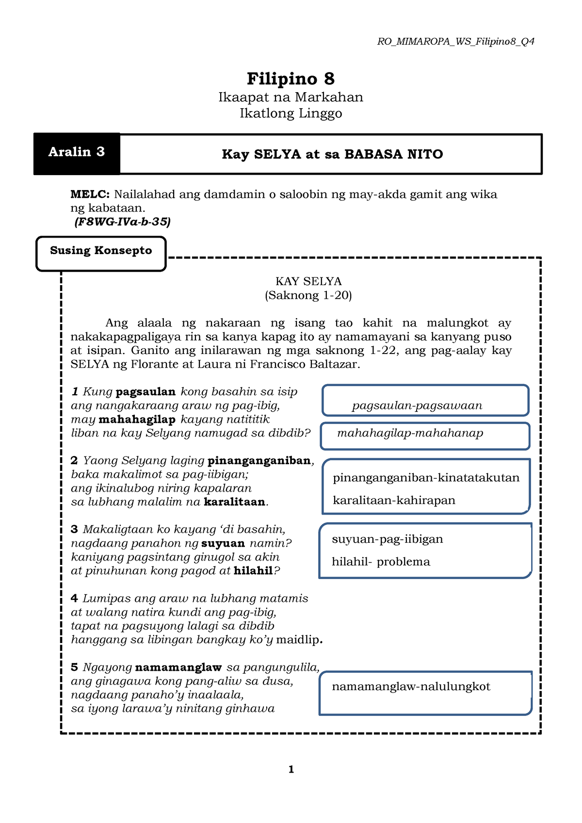 Filipino 8ws Q4 Week 2 Kahalagahan Ng Pag Aaral Ng Florante At Laura Vrogue 3991