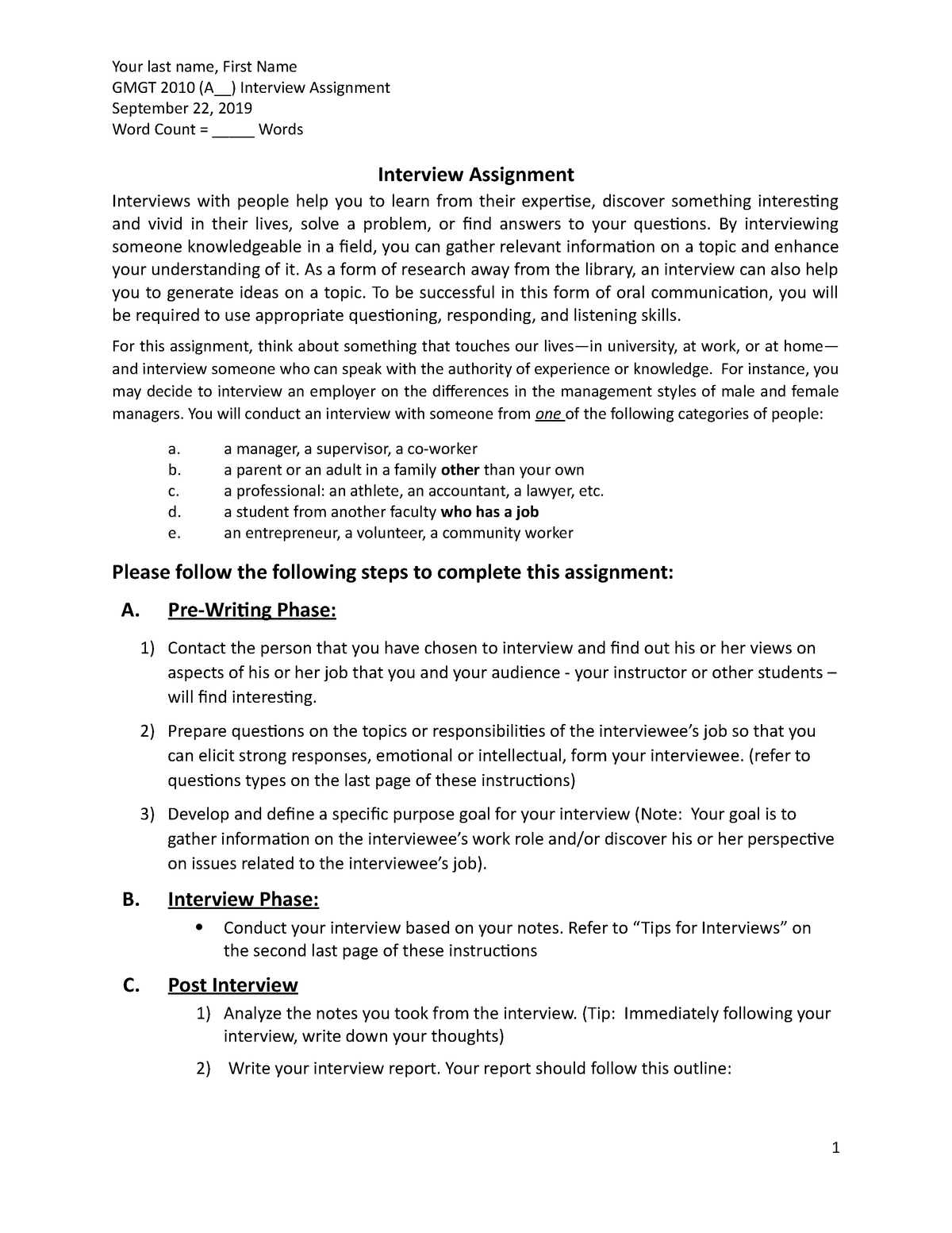 job interview assignment for students