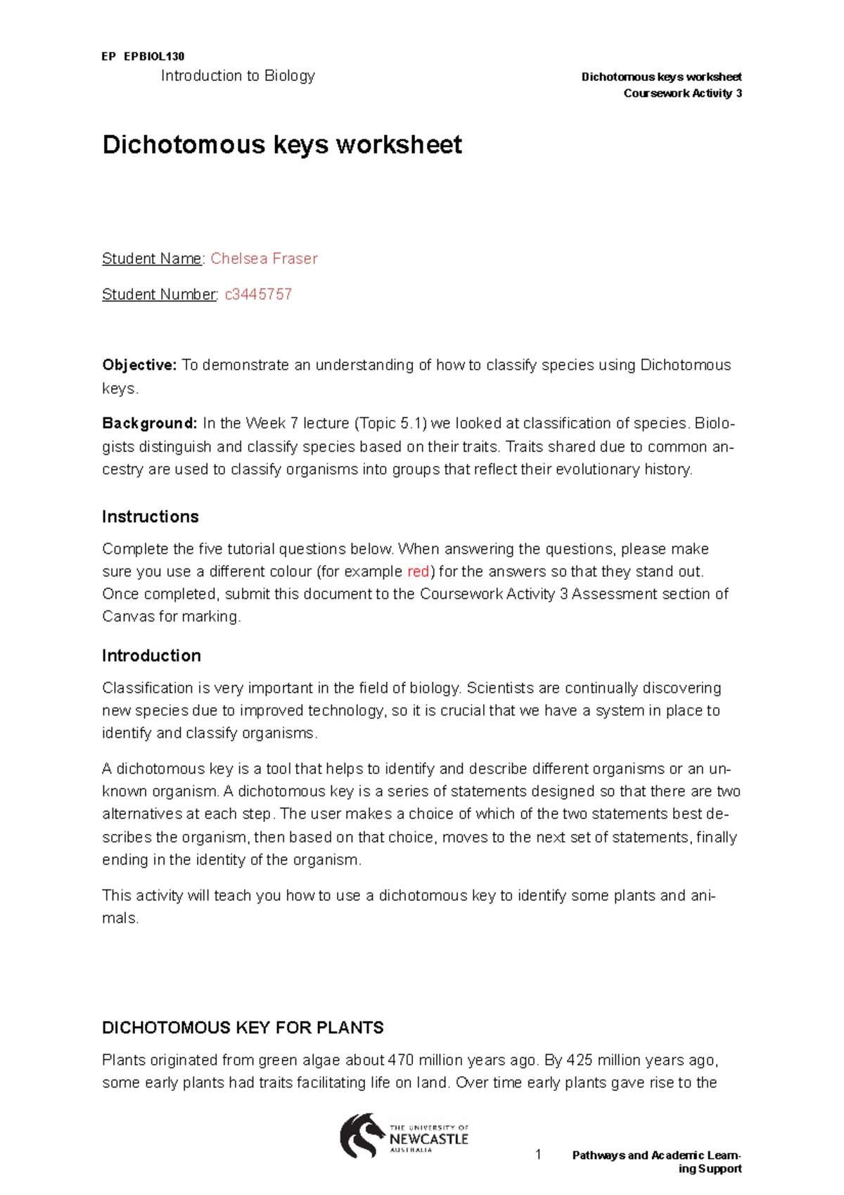 Coursework Activity 3 - Dichotomous Keys - BIOL1040 - UoN - Studocu