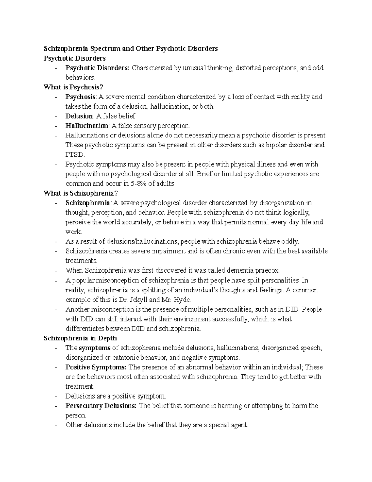 Chapter Eleven Notes - Schizophrenia Spectrum and Other Psychotic ...