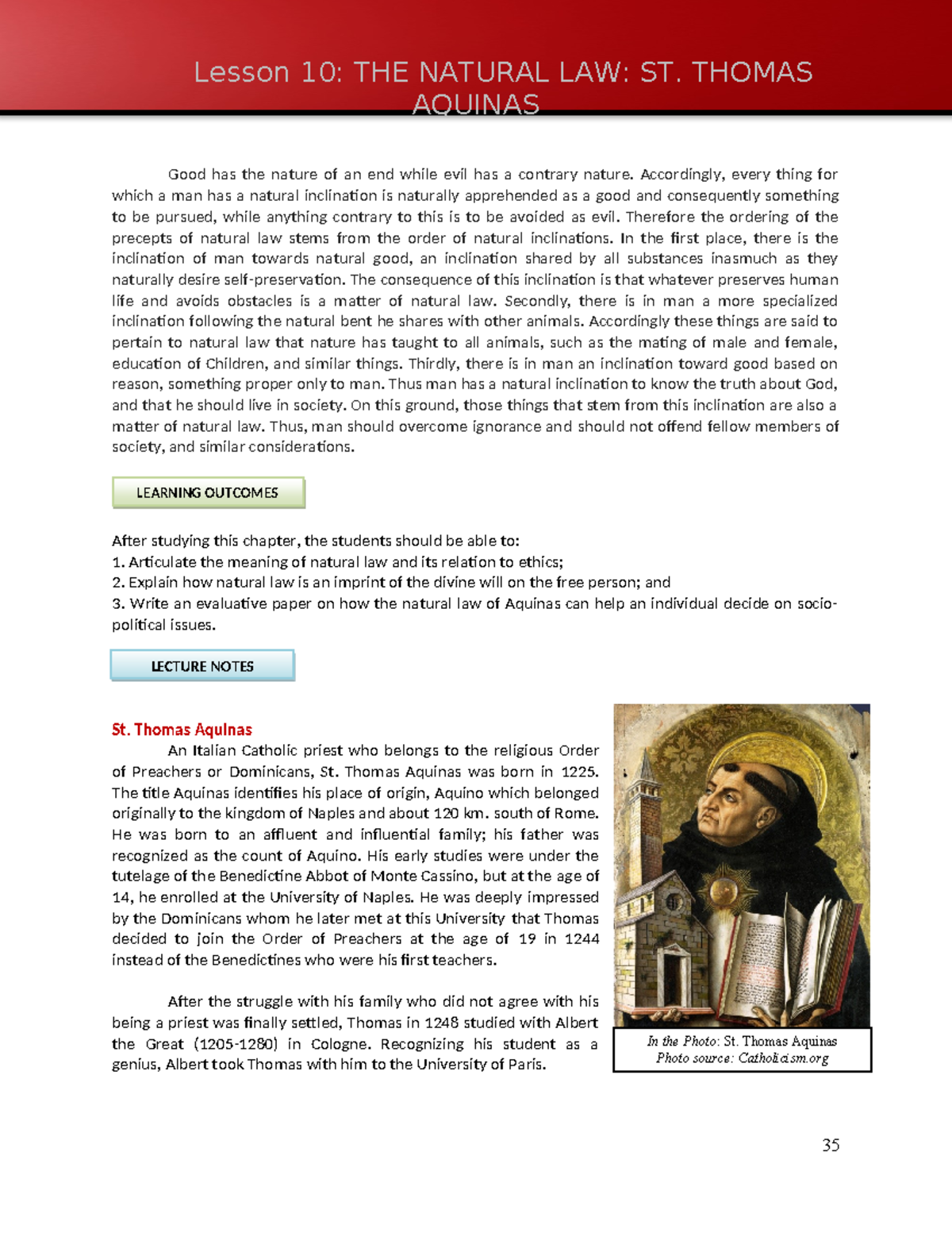 Ethics Lesson 10 - Lesson 10: THE NATURAL LAW: ST. THOMAS AQUINAS Good ...