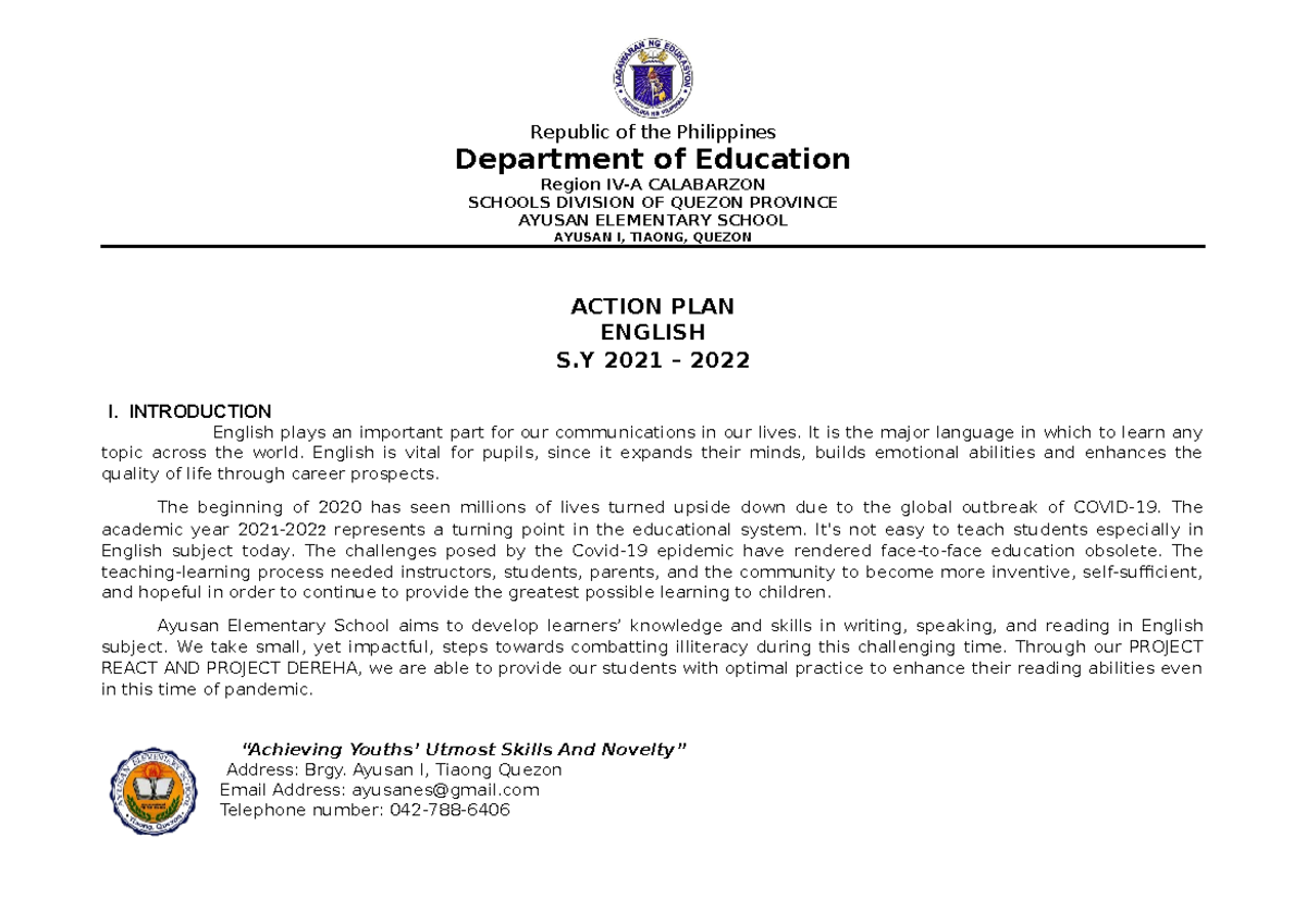 Action-PLAN- English Ayusan-ES-2021-2022 - Department of Education ...