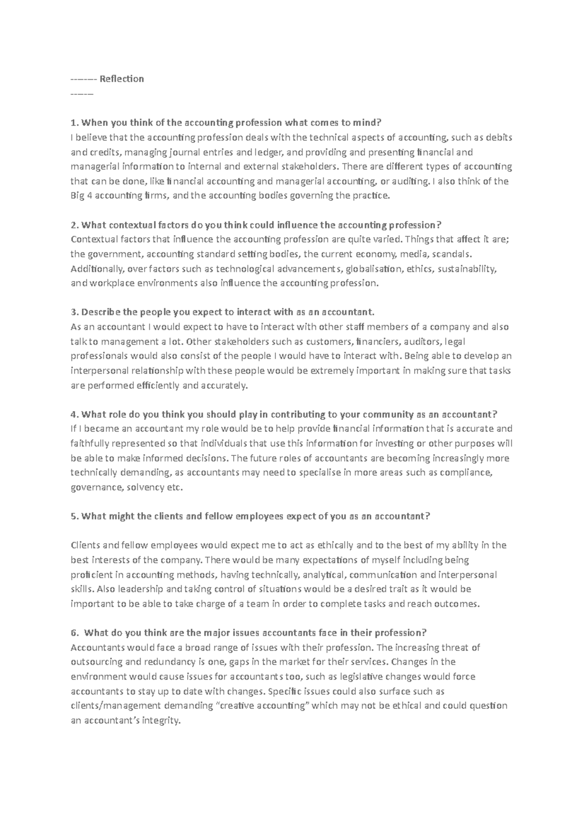 Accg3015 reflection - Reflection - 1. When you think of the accounting ...