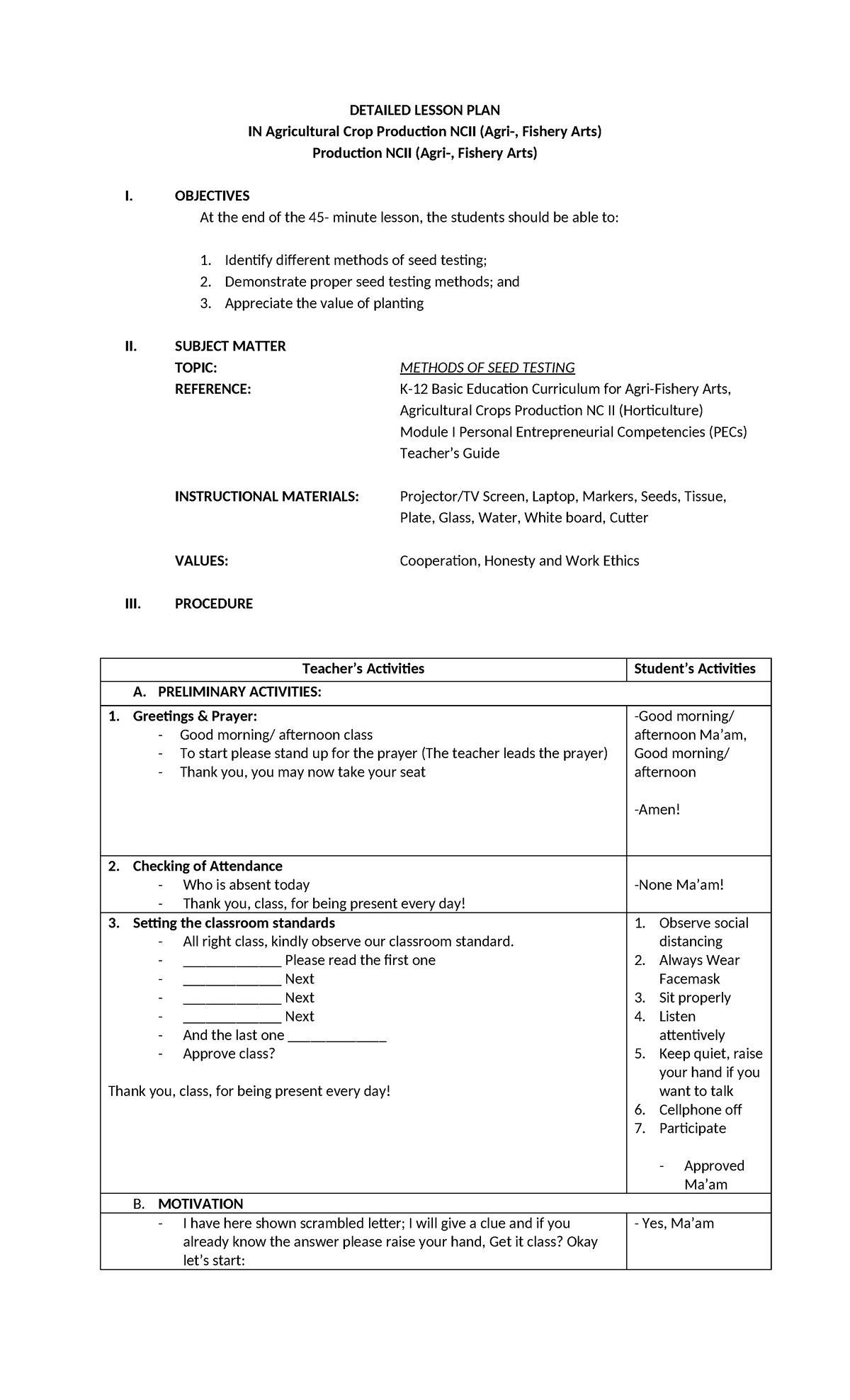 Senior HS-Seed testing (Agri) DLP - DETAILED LESSON PLAN IN ...