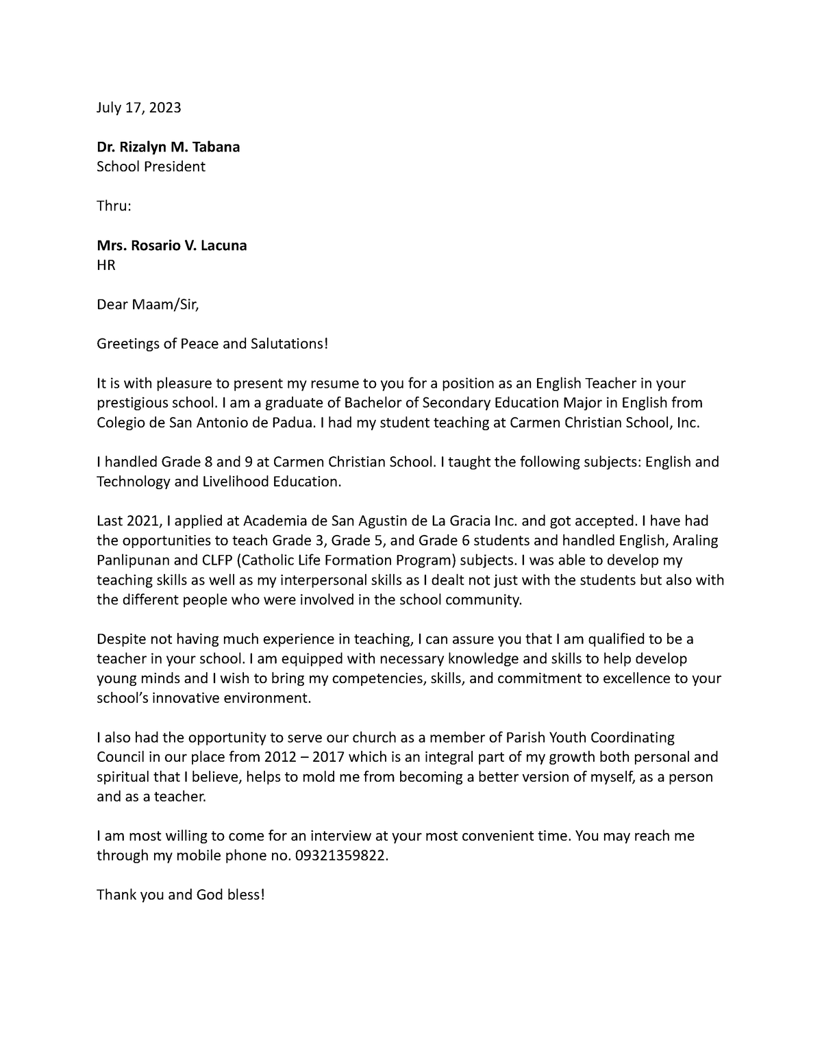 Fritzi App Letter - Copy - July 17, 2023 Dr. Rizalyn M. Tabana School ...