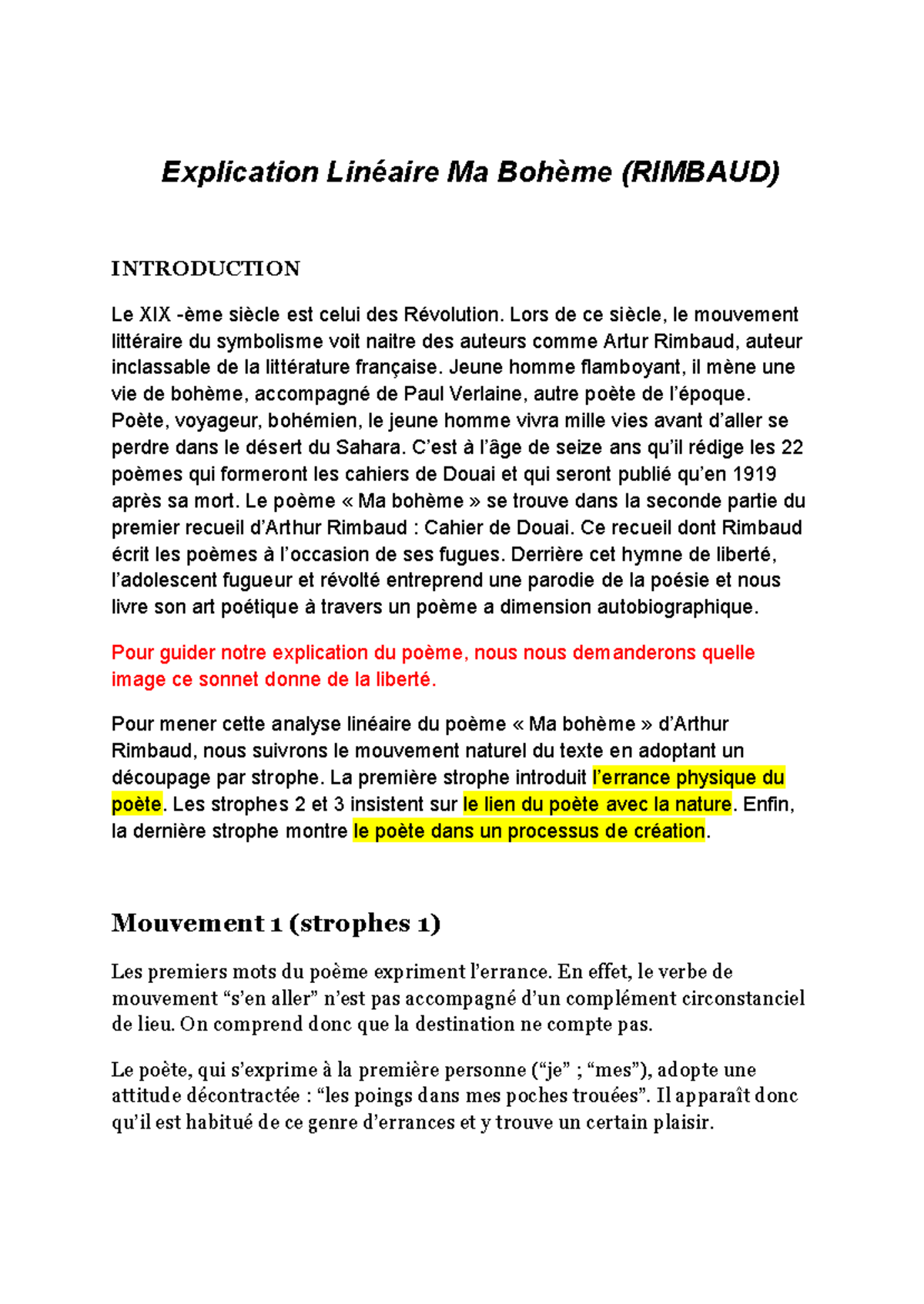 Explication Linéaire Ma boheme - Explication Linéaire Ma Bohème ...