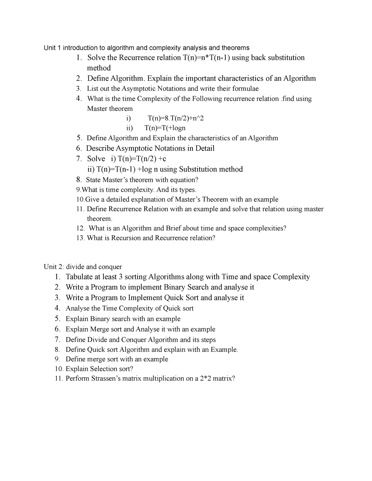 DAA Questions Bank - Unit 1 Introduction To Algorithm And Complexity ...