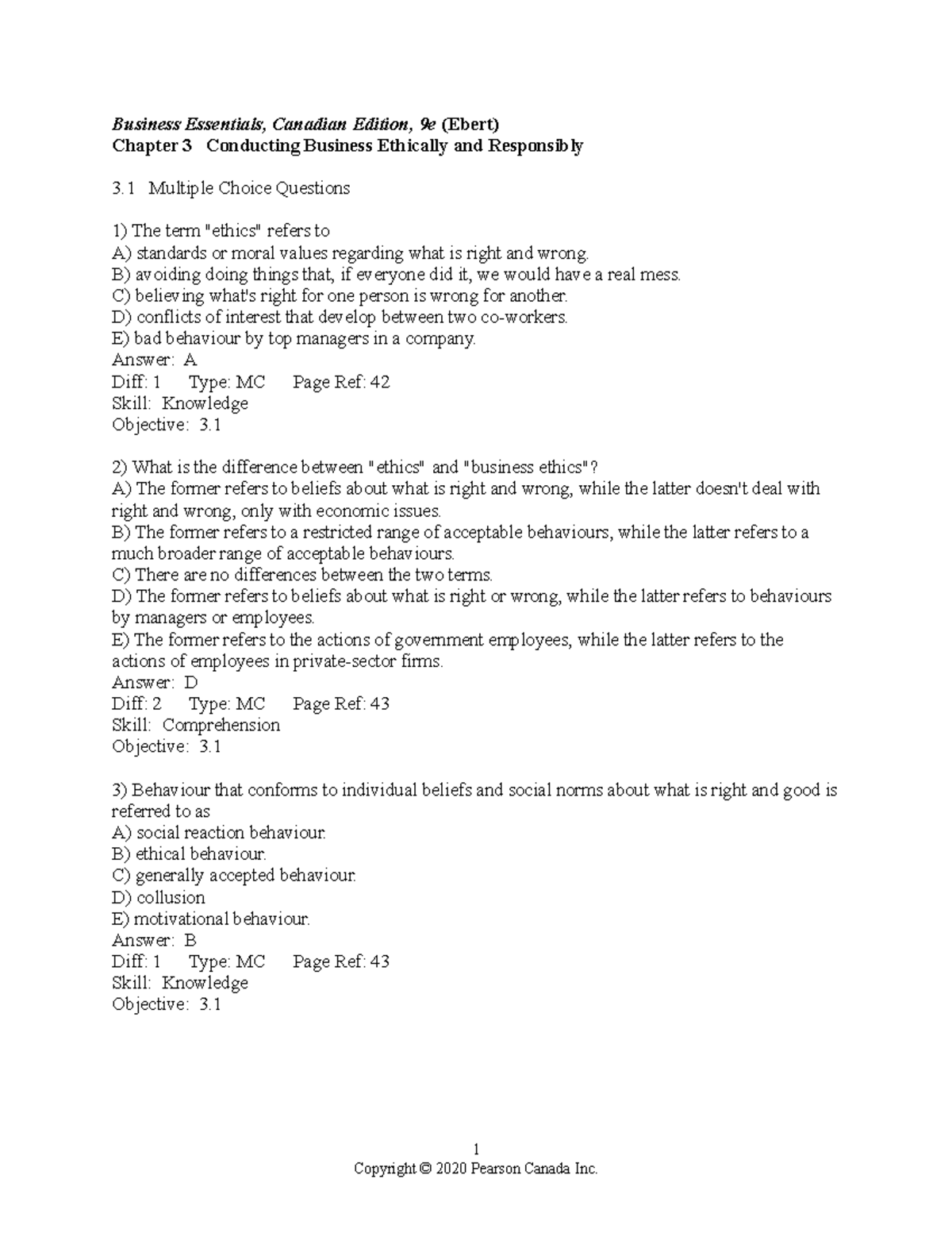 Chapter 03 BUSI 1110 FINAL EXAM ANSWER KEY Business Essentials Canadian Edition 9e Ebert 