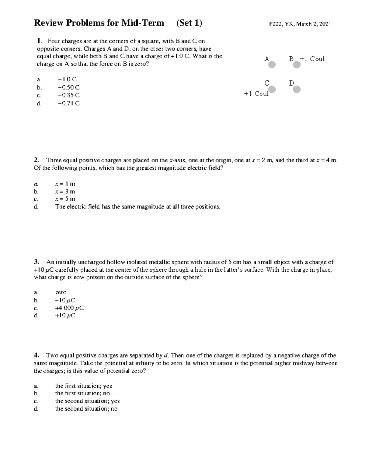 Review Midterm 2021 - Review Problems for Mid-Term (Set 1) P222, YK ...