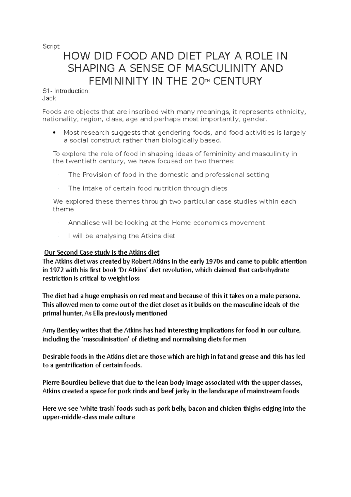 Script - Script: HOW DID FOOD AND DIET PLAY A ROLE IN SHAPING A SENSE ...