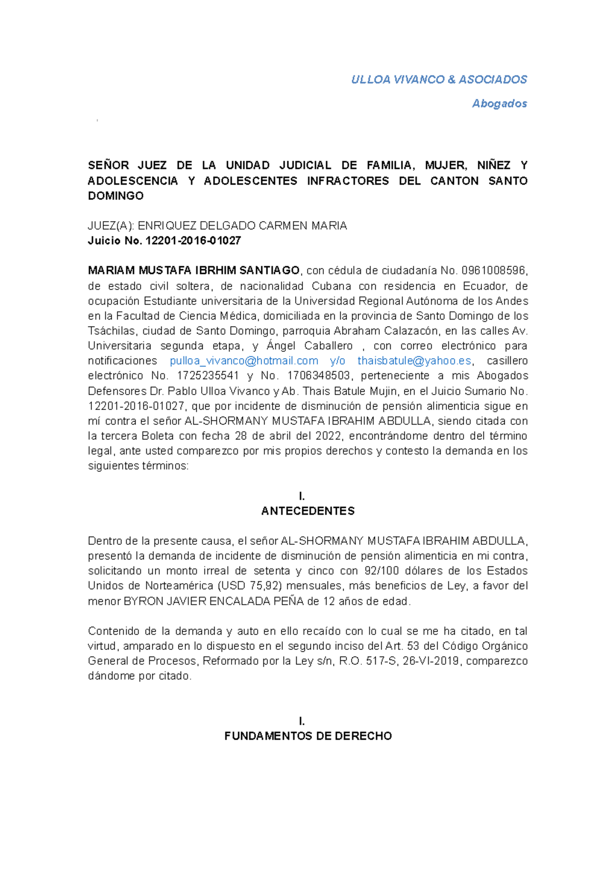 Contestacion A Demanda Ulloa Vivanco And Asociados Abogados SeÑor Juez De La Unidad Judicial De 1515