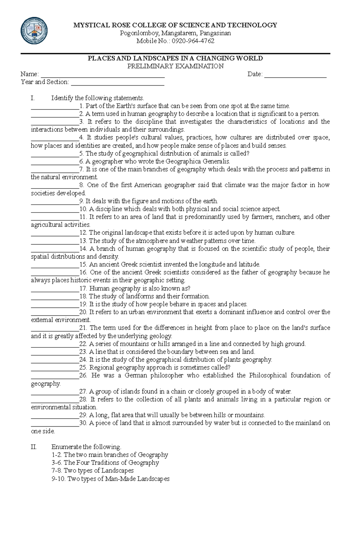 BSED 2 A&B Places and Landscapes (105Copies) - MYSTICAL ROSE COLLEGE OF ...