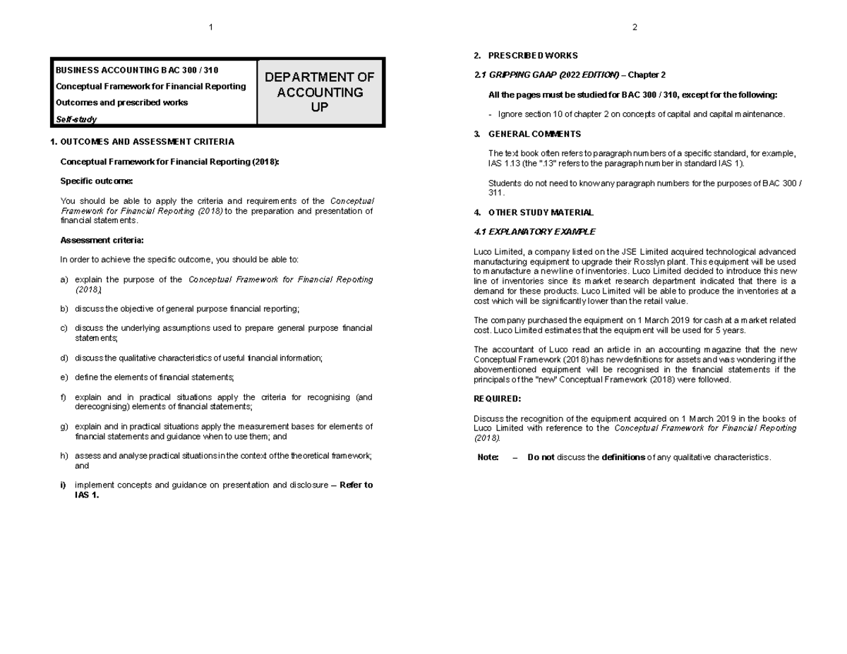 Handout - 1 BUSINESS ACCOUNTING BAC 300 / 310 Conceptual Framework for ...