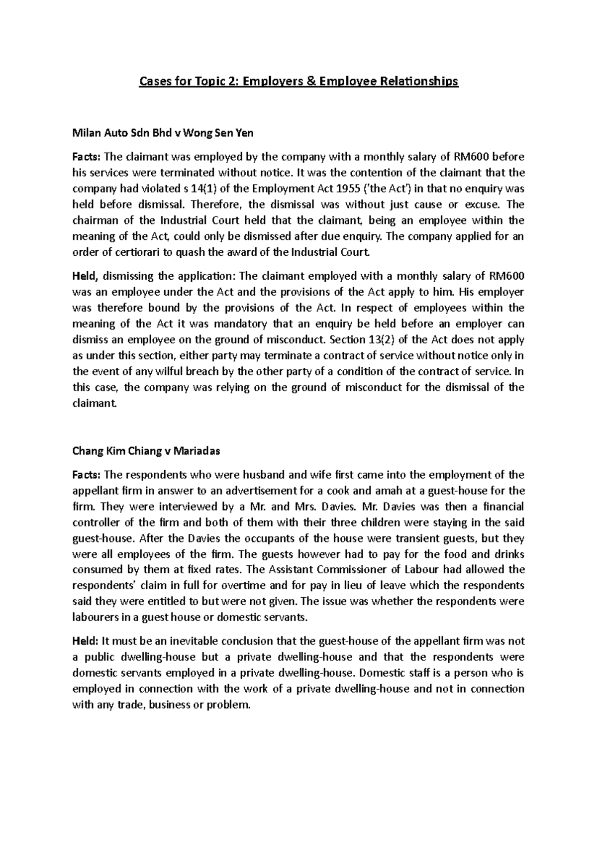 Cases for employer & employee relationship Cases for Topic 2 Employers & Employee Studocu