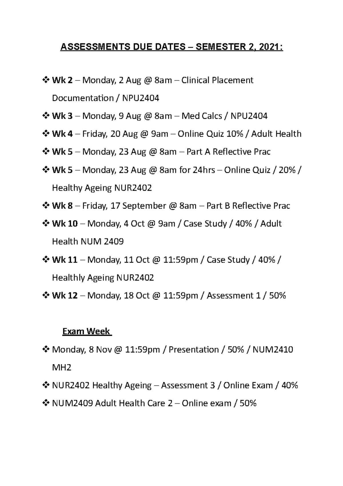 Assessments DUE DATE1 - Key points of when assignment due dates ...