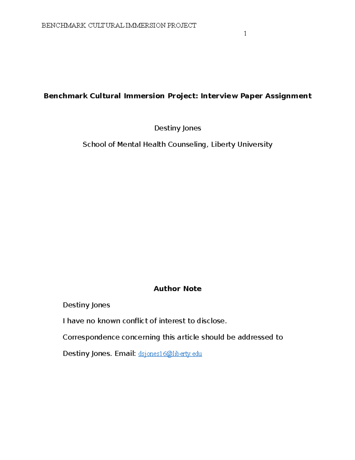 Benchmark Cultural Immersion - COUC 504 - LU - Studocu