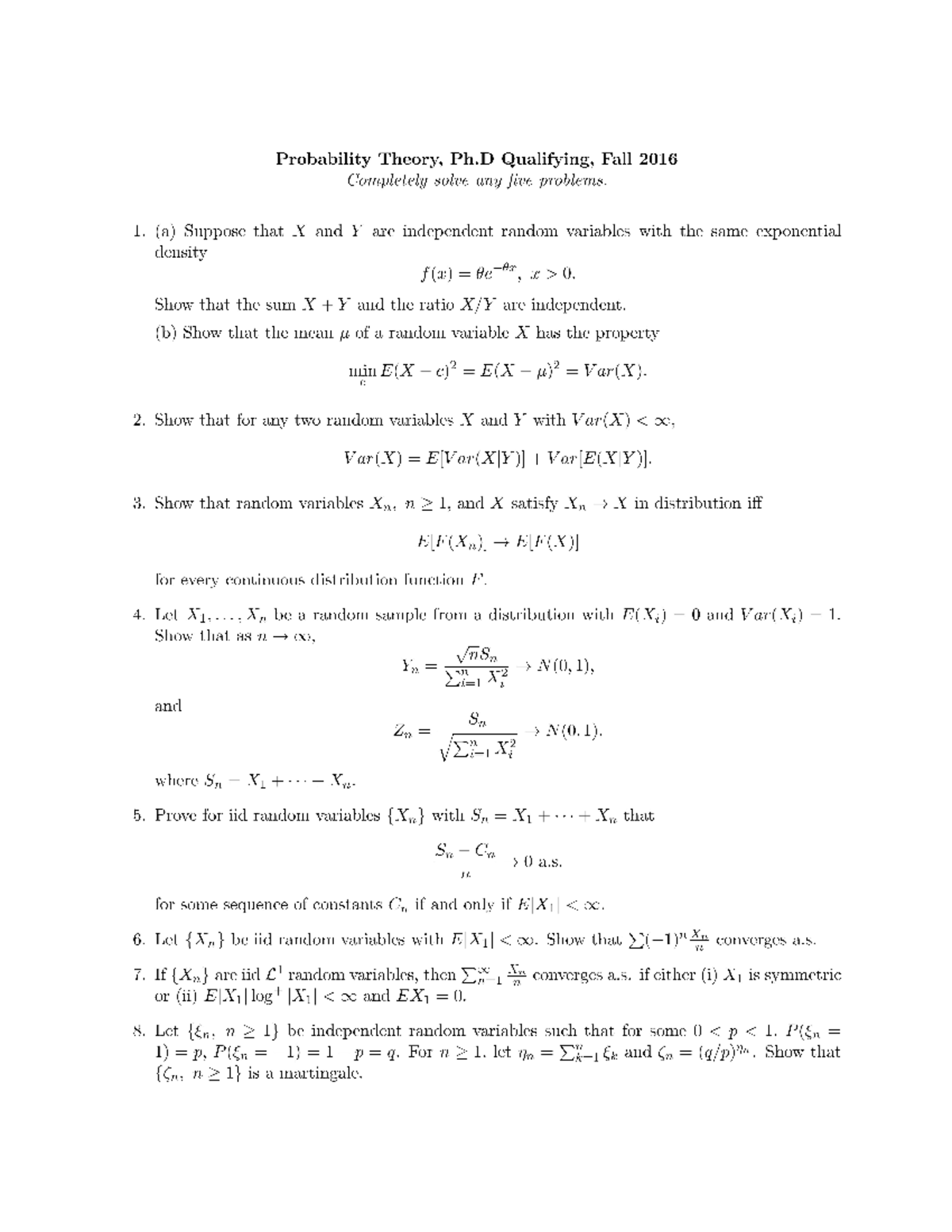 Exma 206 -probaility - exam - Probability Theory, Ph Qualifying, Fall ...