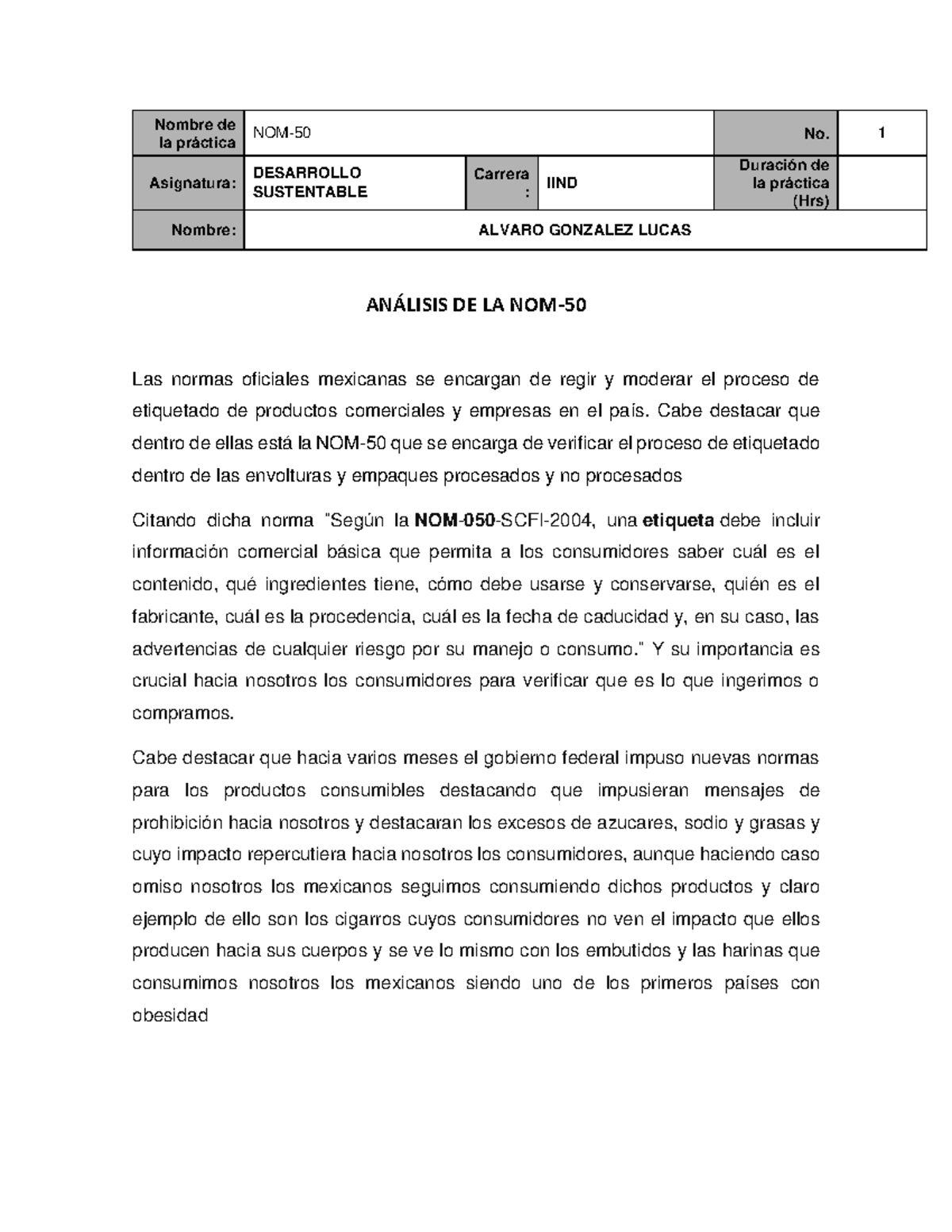 Analisis DE LA NOM50 en la relacion con el etiquetado Nombre de la