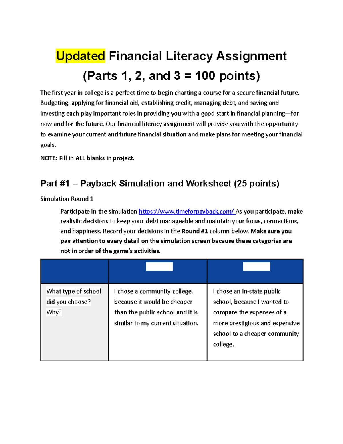 financial literacy assignment