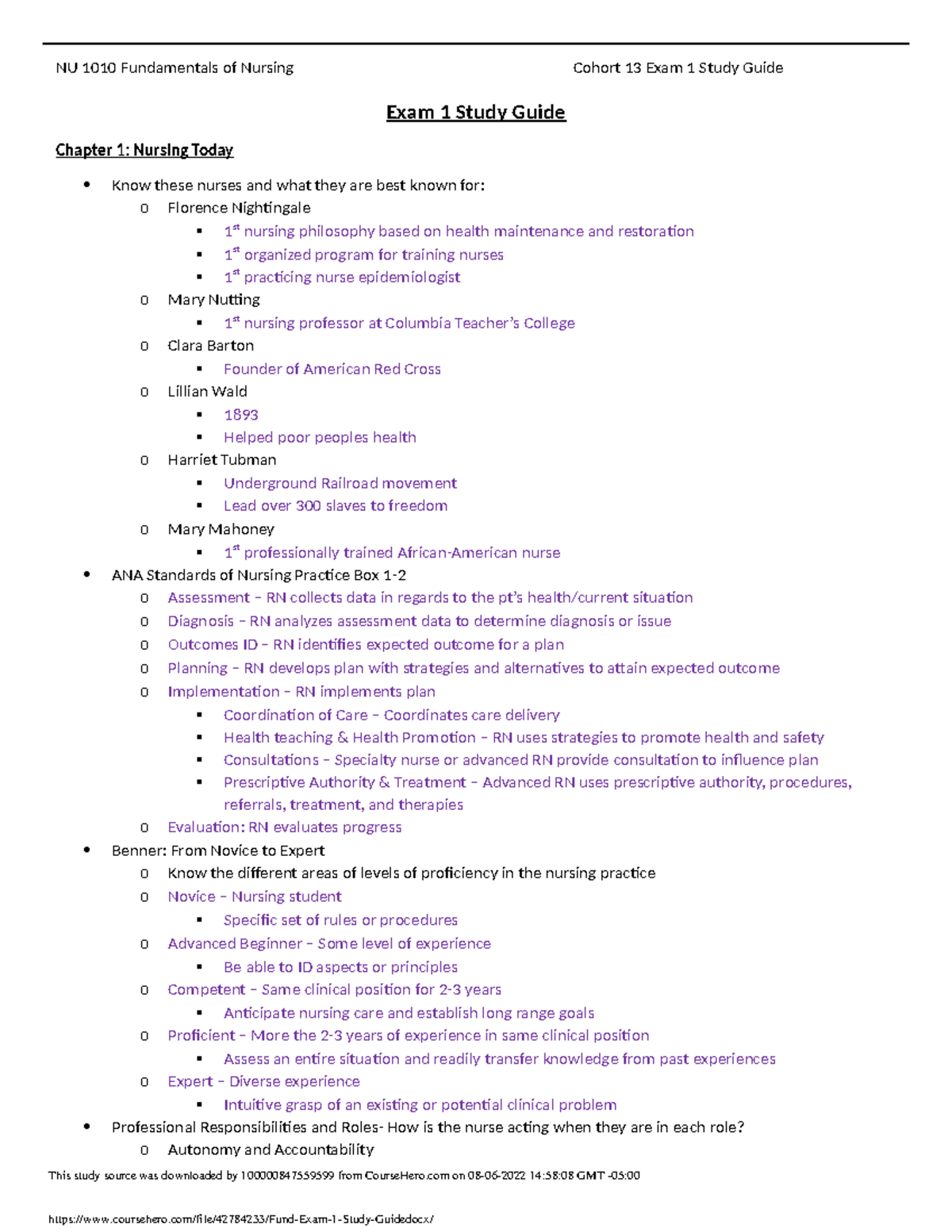 Fund Exam 1 Study Guide - NU 1010 Fundamentals Of Nursing Cohort 13 ...