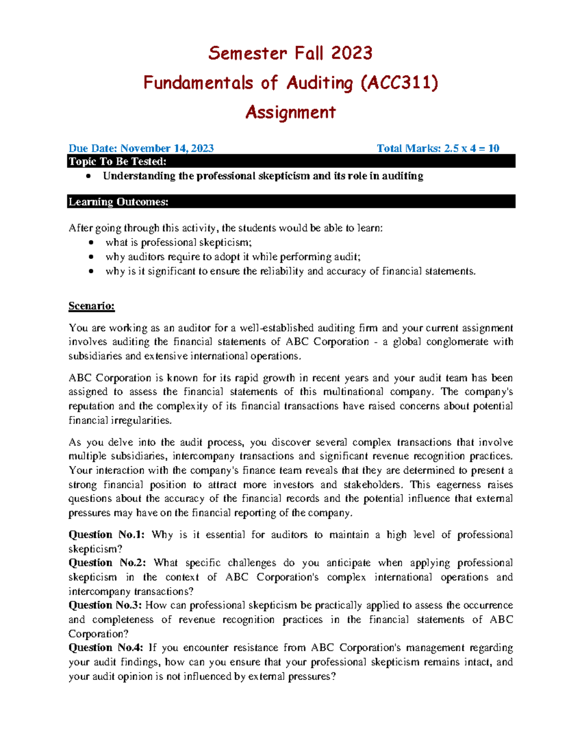 Fall 2023 ACC311 1 - Semester Fall 2023 Fundamentals of Auditing ...