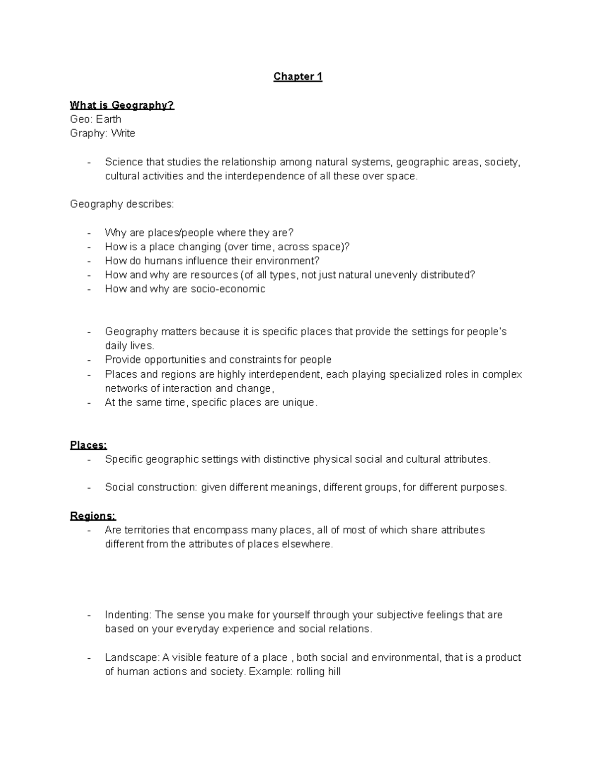 GEOG 1101 Notes - Chapter 1 What Is Geography? Geo: Earth Graphy: Write ...