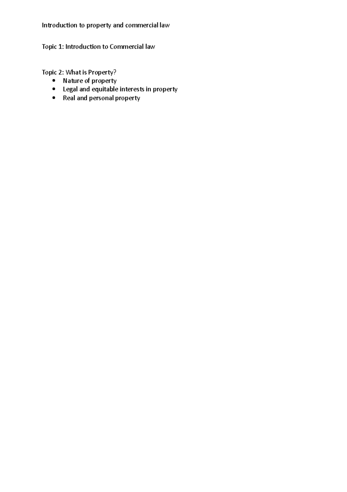 Intro to prop notes (personal property) Topic 1 Introduction to