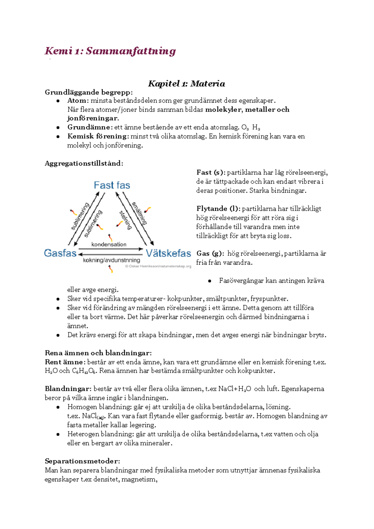 KEMI 1 Sammanfattning - Kemi 1: Sammanfattning Kapitel 1: Materia ...