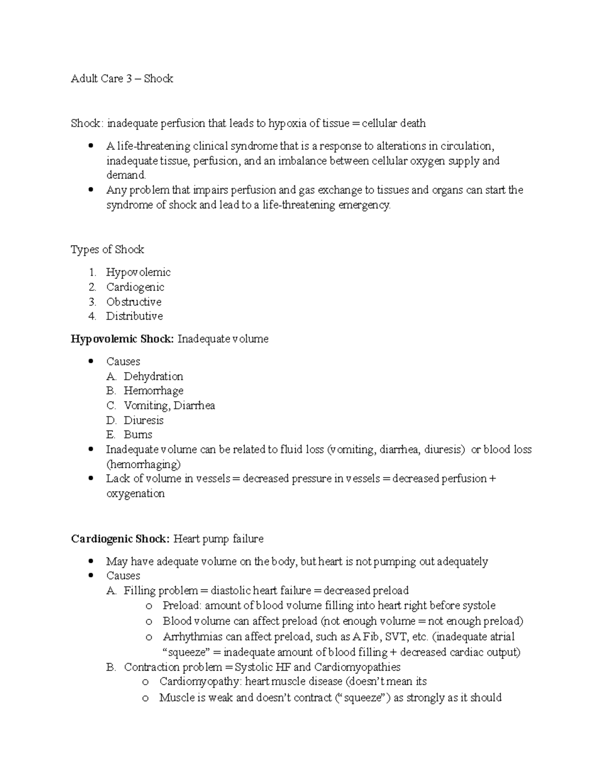 AC3 - Shock Notes - Adult Care 3 – Shock Shock: inadequate perfusion ...