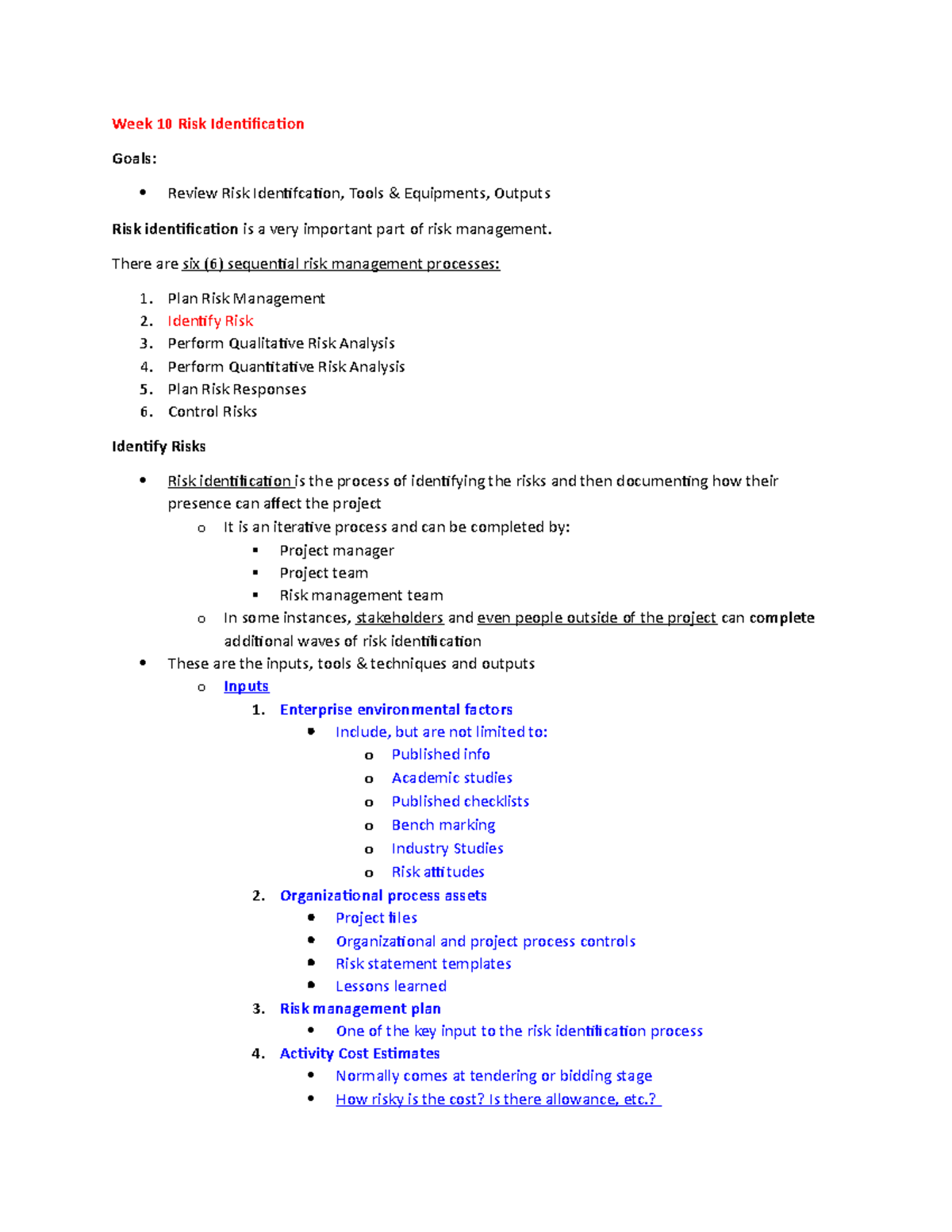 Week 10 Risk Identification - Week 10 Risk Identification Goals: Review ...