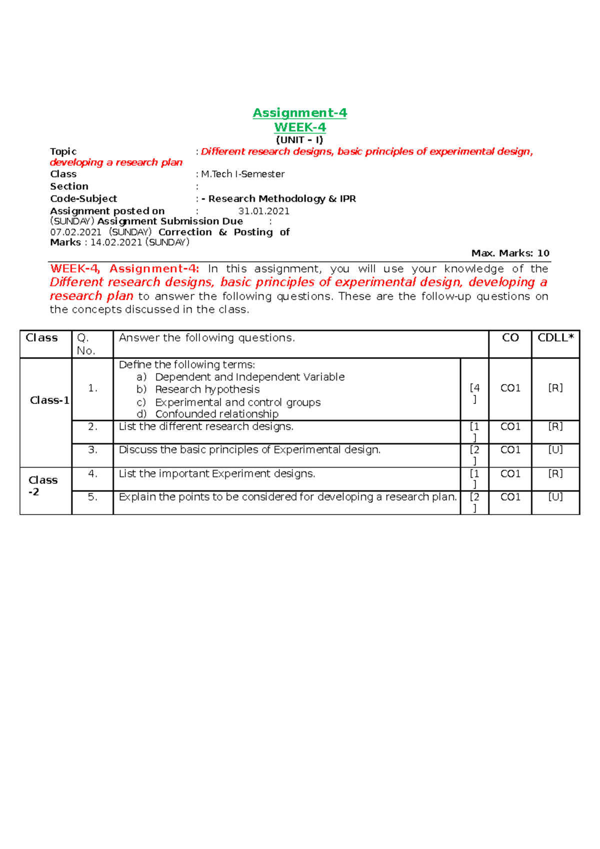 Week-4 Assignment-4 Kkk - Assignment- Week- (unit – I) Topic 