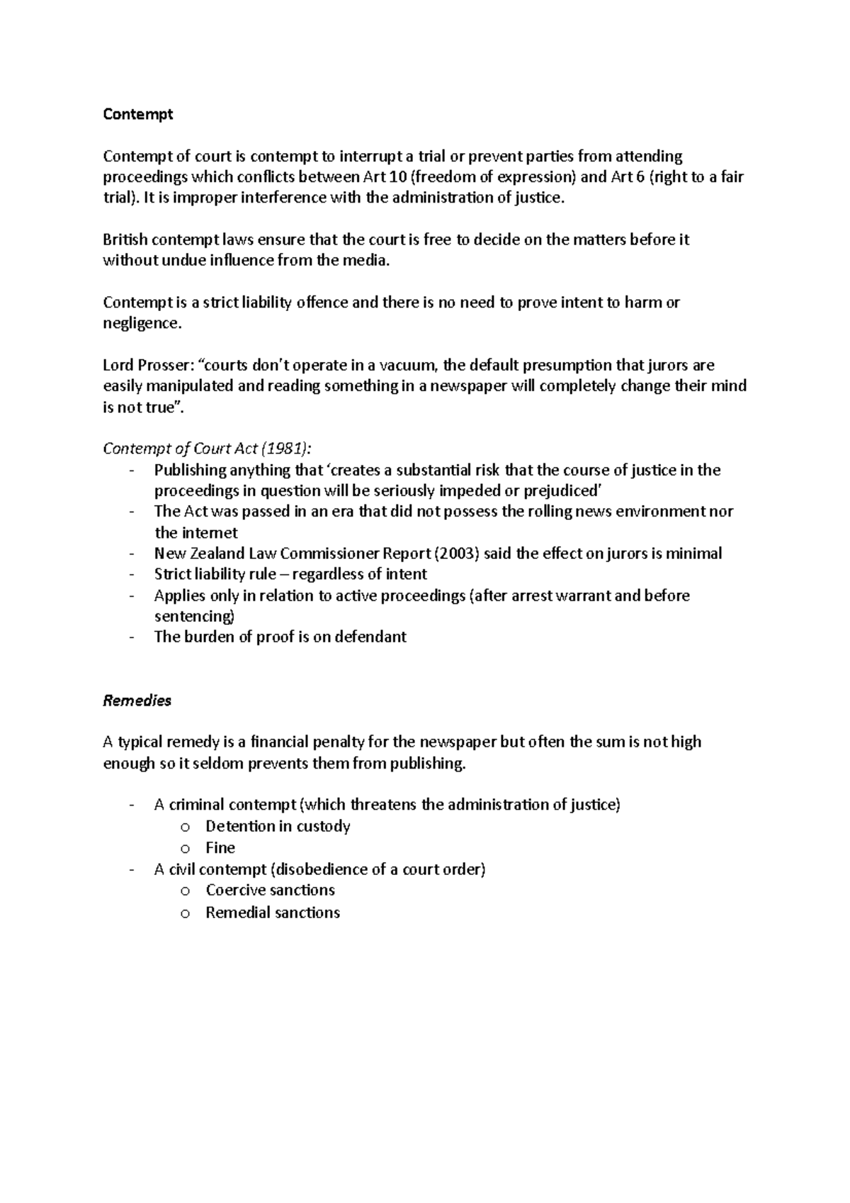 Contempt - Summary Law and the Media - Contempt Contempt of court is ...