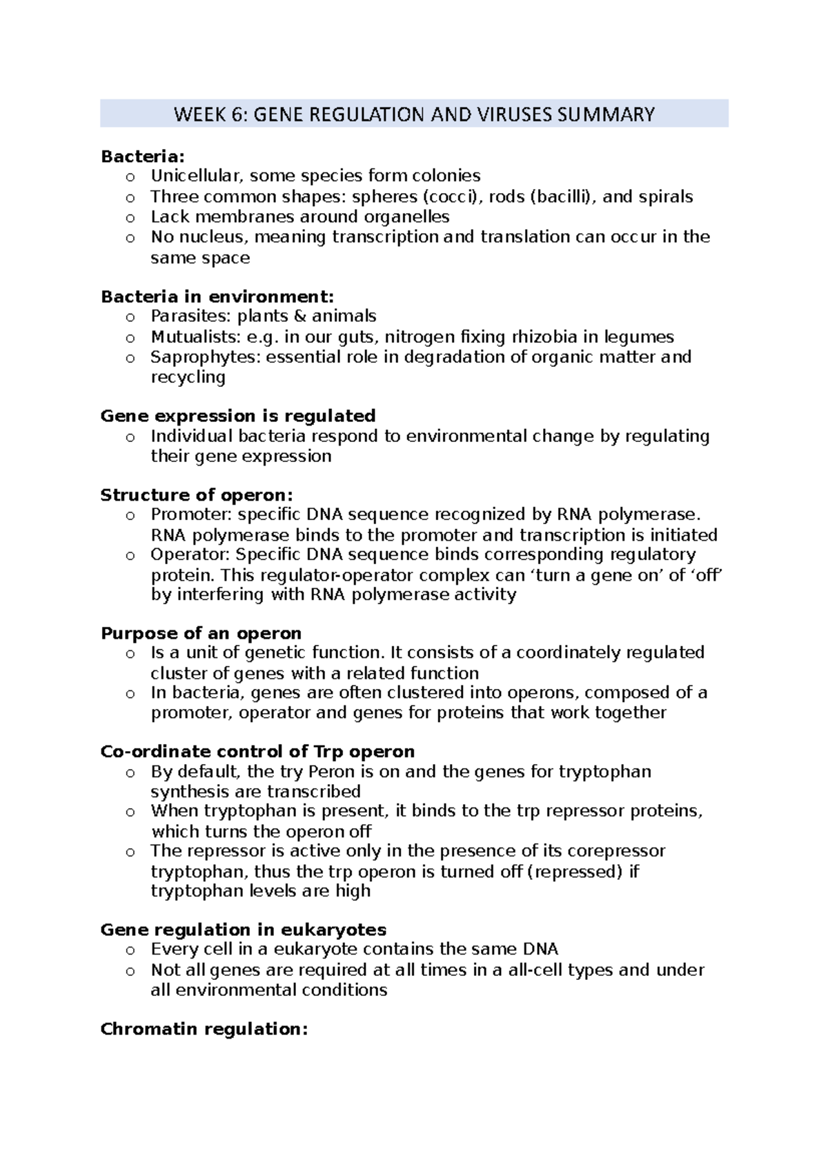 WEEK 6 - Gene regulation and viruses summary - WEEK 6: GENE REGULATION ...