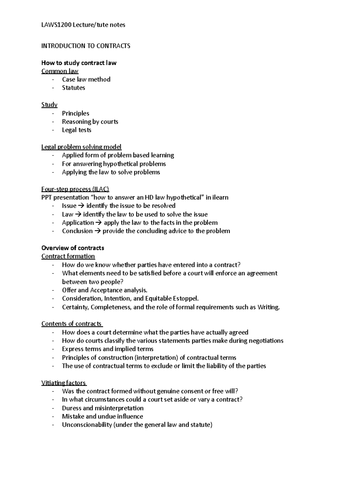Contract law - lecture notes - INTRODUCTION TO CONTRACTS How to study ...