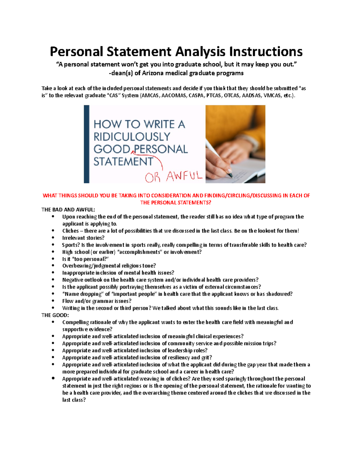 Personal Statement Analysis Instruction Document - Personal Statement ...