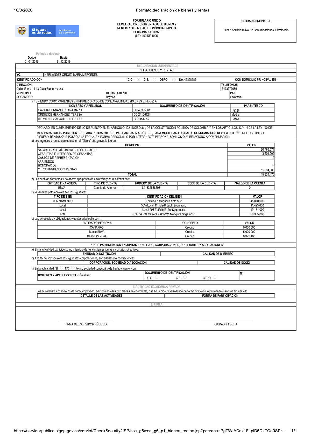 Formato Declaraci N De Bienes Y Rentas Mercedes Hernandez Agosto De