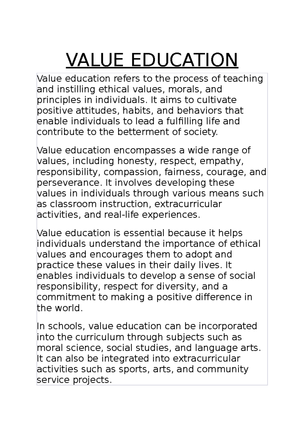 Value Education - Value Education Value Education Refers To The Process 