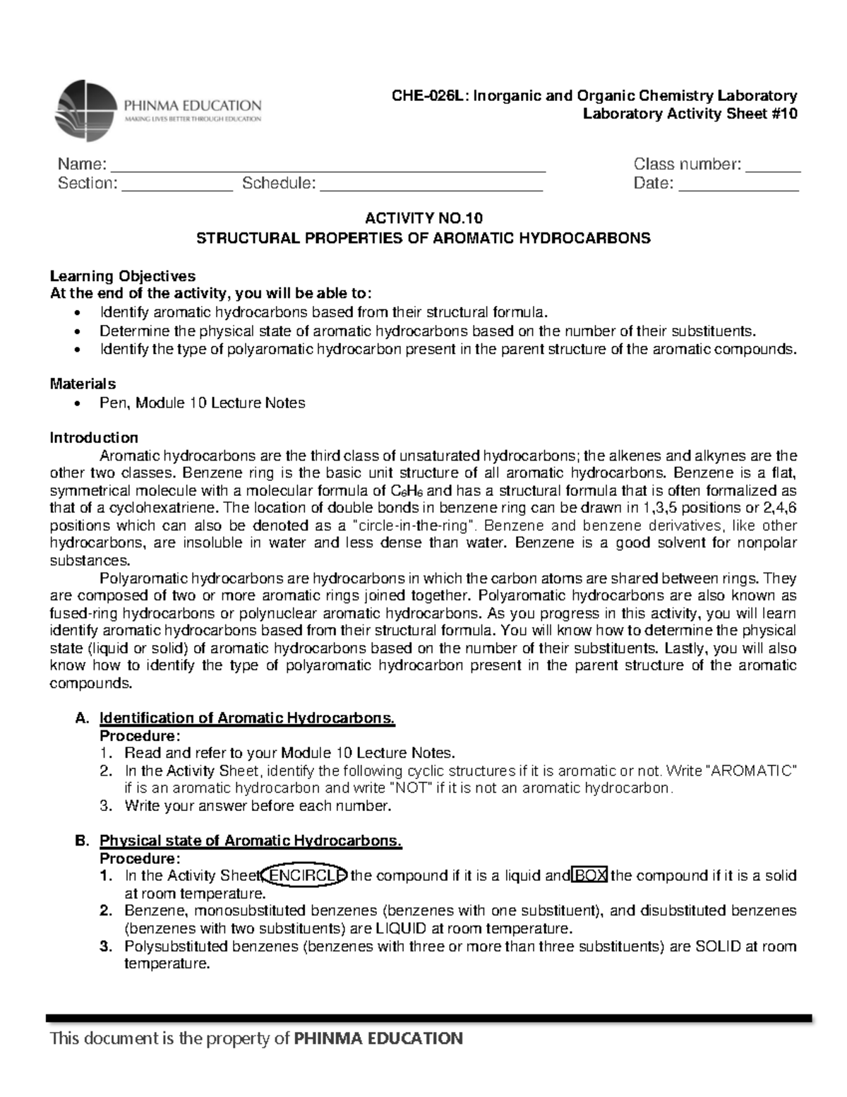 Copy of CHE 026L LAS Mod 10 Structural Properties of Aromatic ...