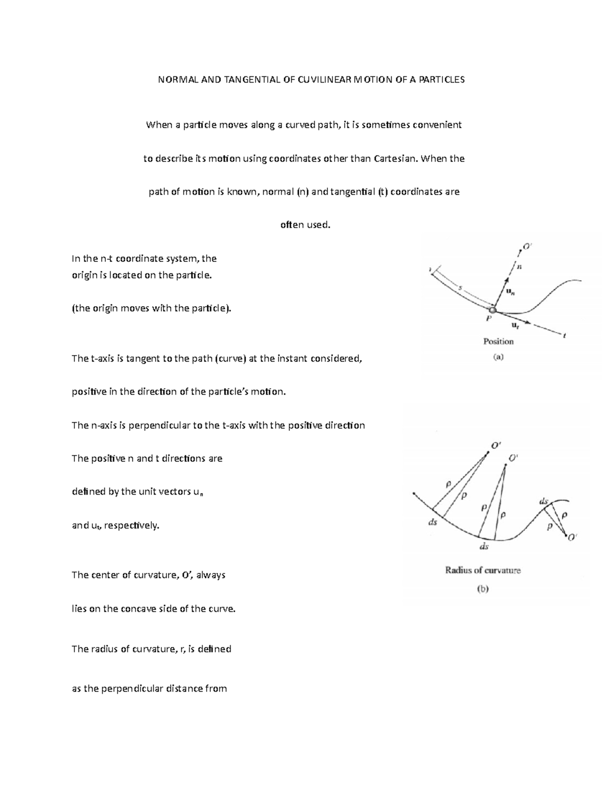 Normal and tangential of cuvilinear motion of a particles - NORMAL AND ...