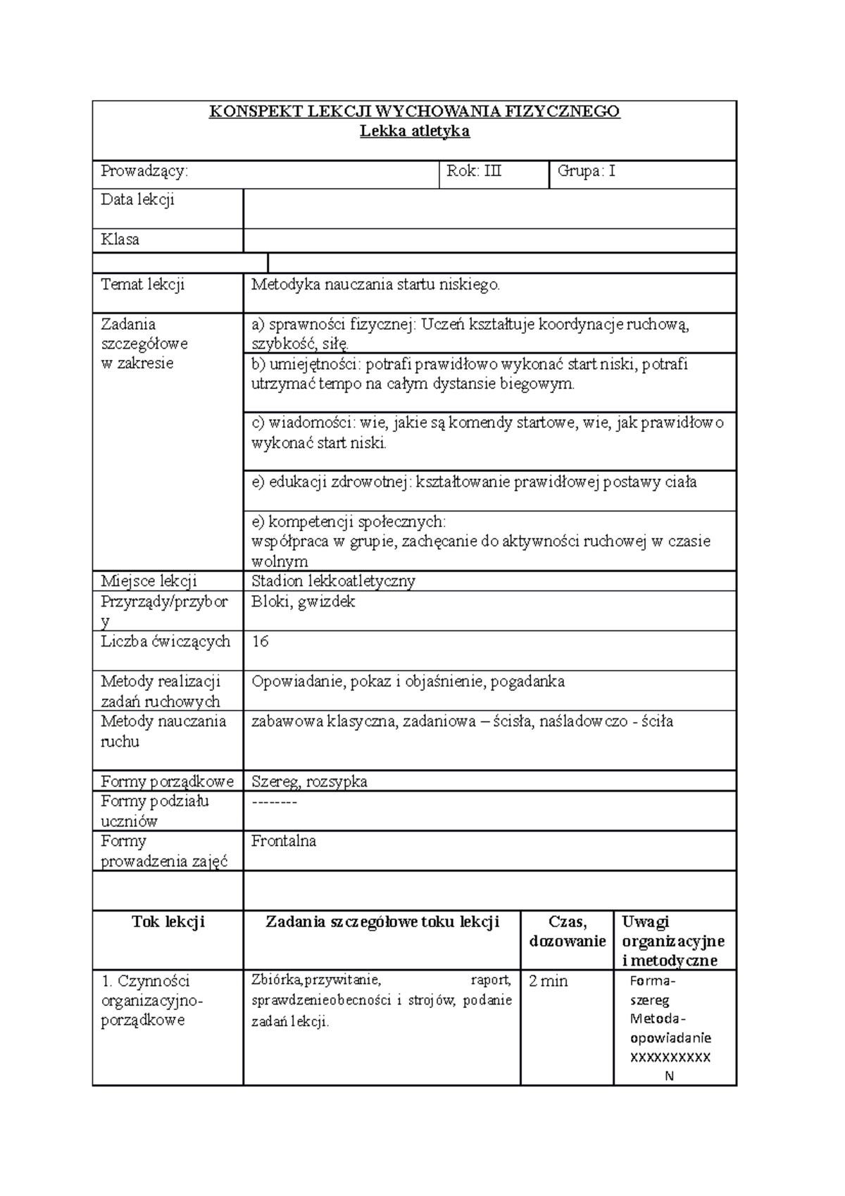 Konspekt - Metodyka Nauczania Startu Niskiego - KONSPEKT LEKCJI ...