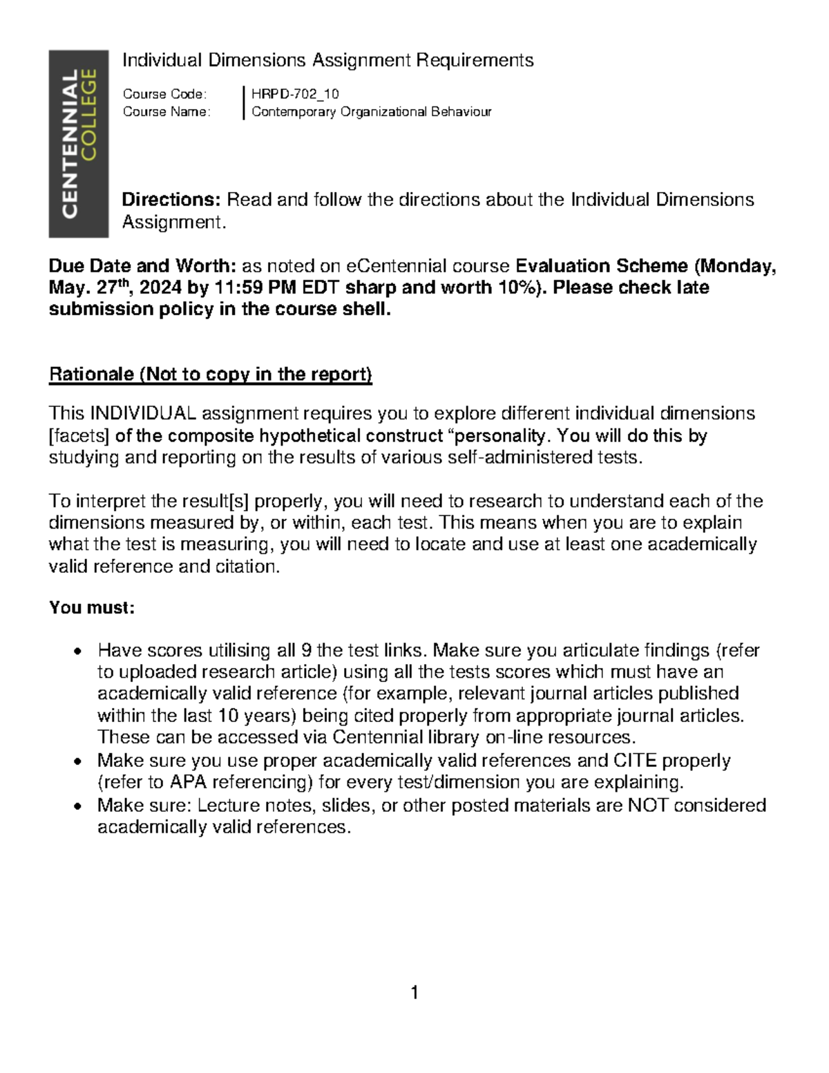 Individual Dimensions Assignment Spring 24 - 1 Individual Dimensions ...