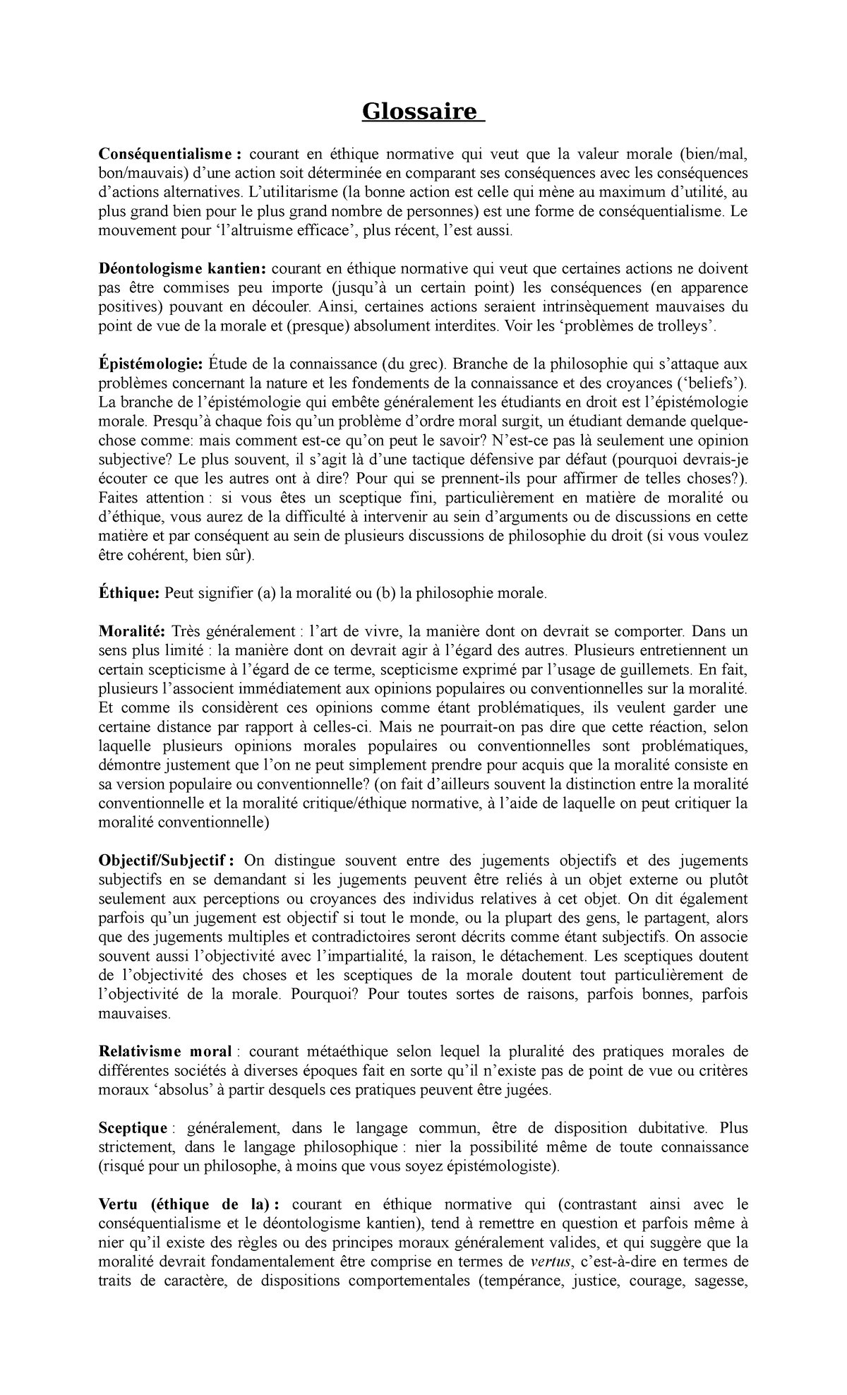 Glossaire-Éthique Déonto H 2023 - Glossaire Conséquentialisme : courant ...