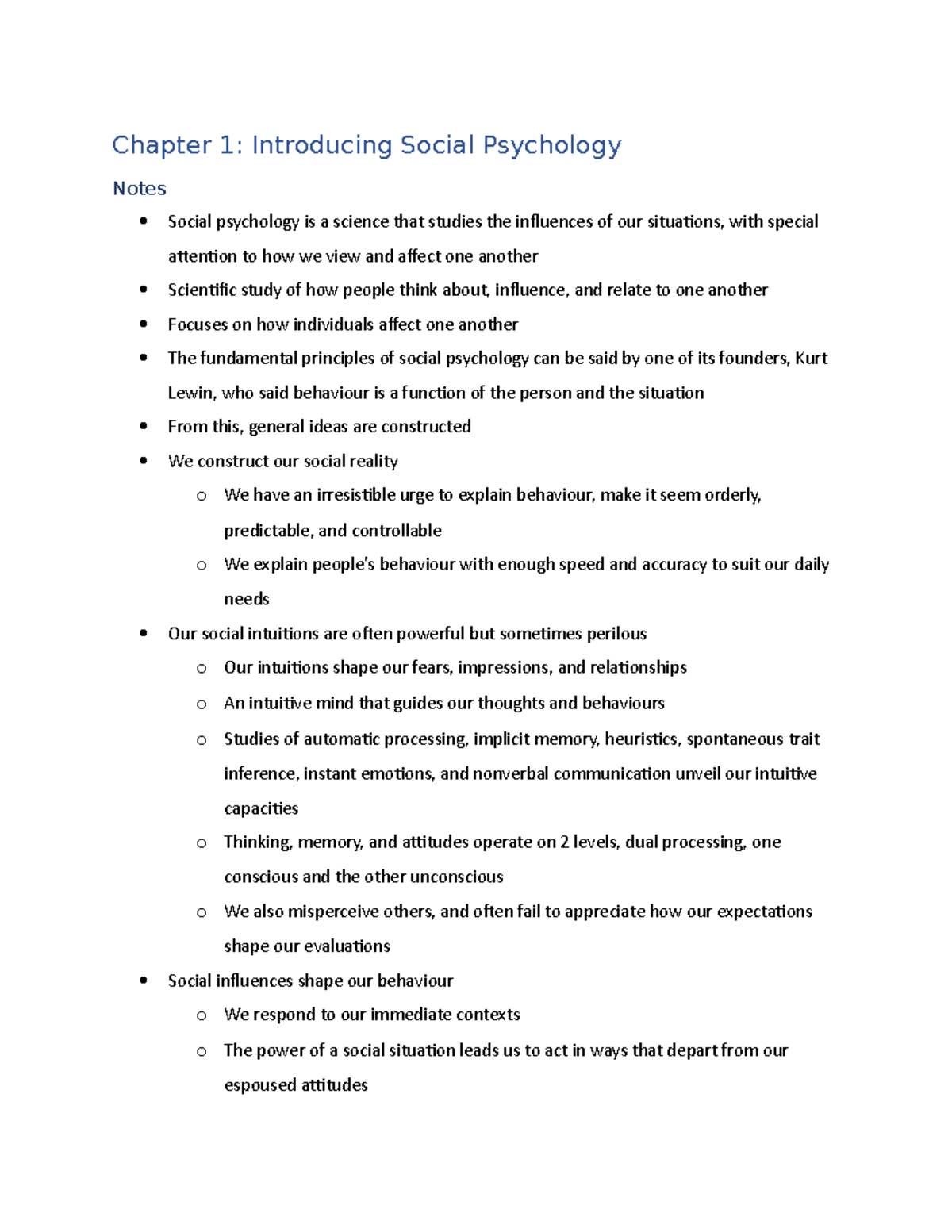 Psy2110-chapter 1 - Chapter 1: Introducing Social Psychology Notes ...