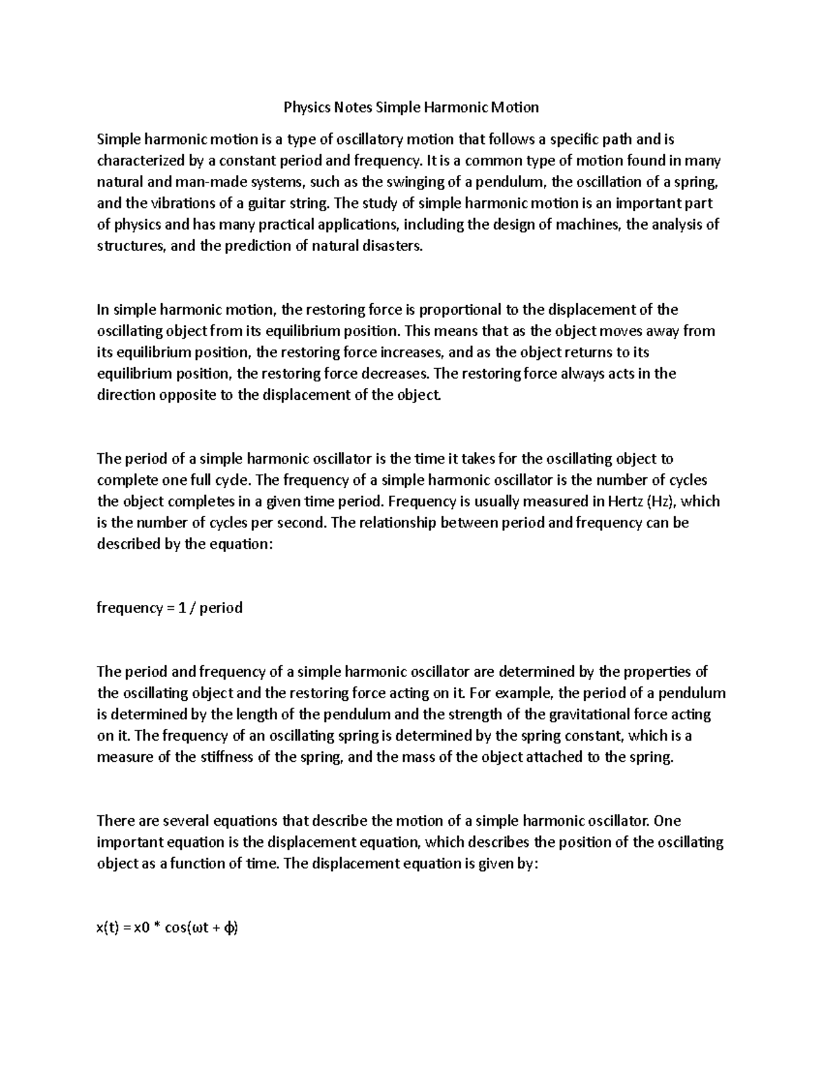 Physics Notes Simple Harmonic Motion - It is a common type of motion ...