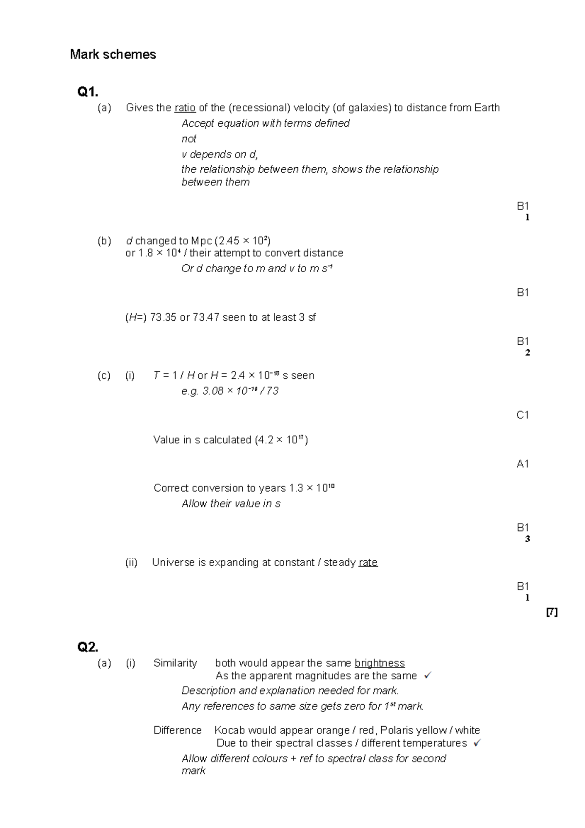 28 Astrophysics 3 Cosmology Questions Mark Scheme And - Mark Schemes Q1 