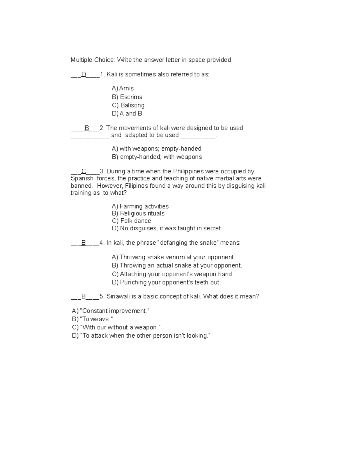 P - P.E assignment - Multiple Choice: Write the answer letter in space ...