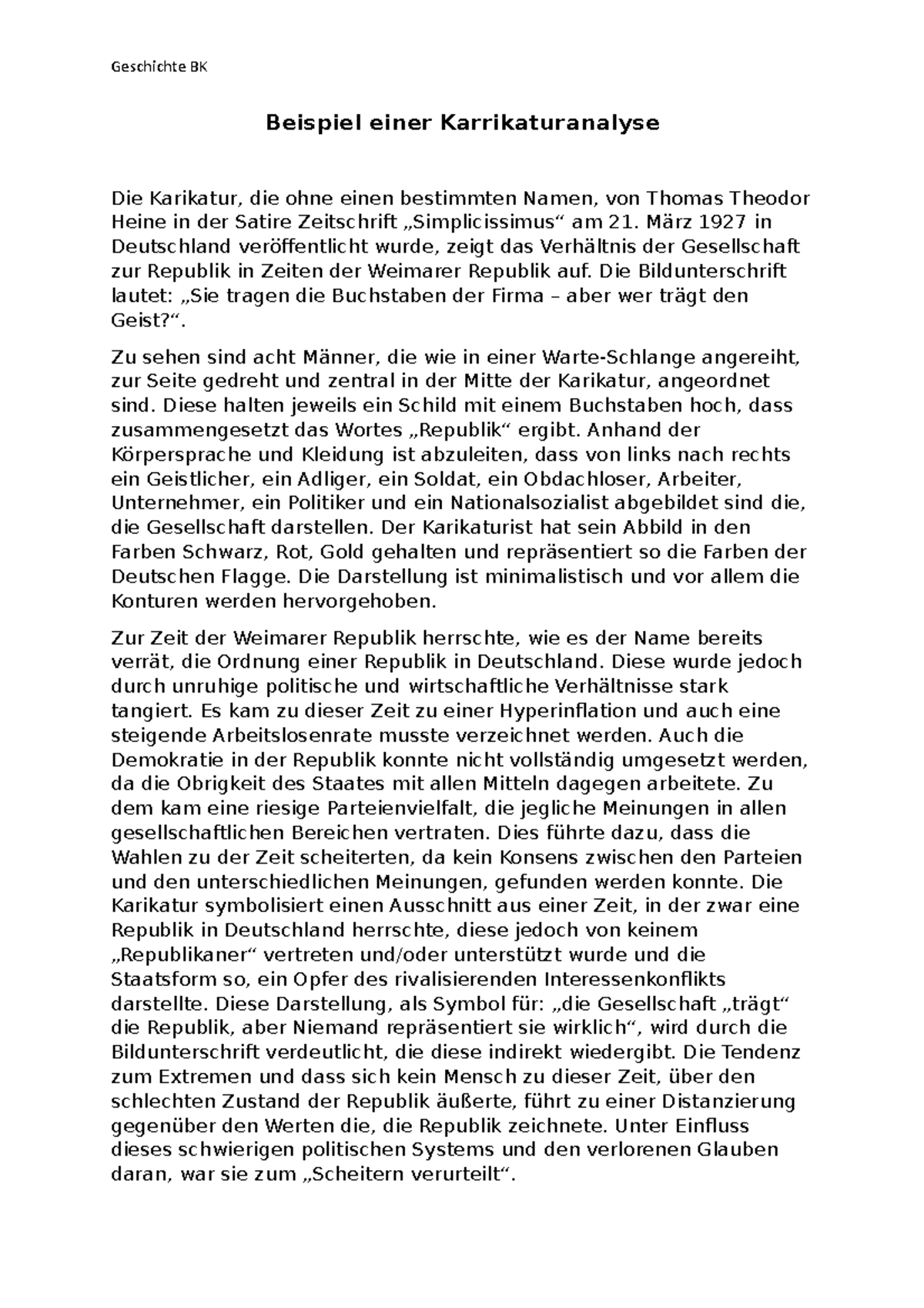 Wie Schreibt Man Eine Karikatur Beispiel einer Karikatur-Analyse Stufe 12 Gymnasium - Geschichte