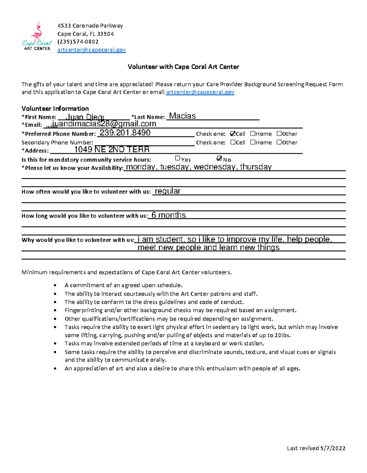 Cape Coral Art Center Volunteer Application form 4533 Coronado