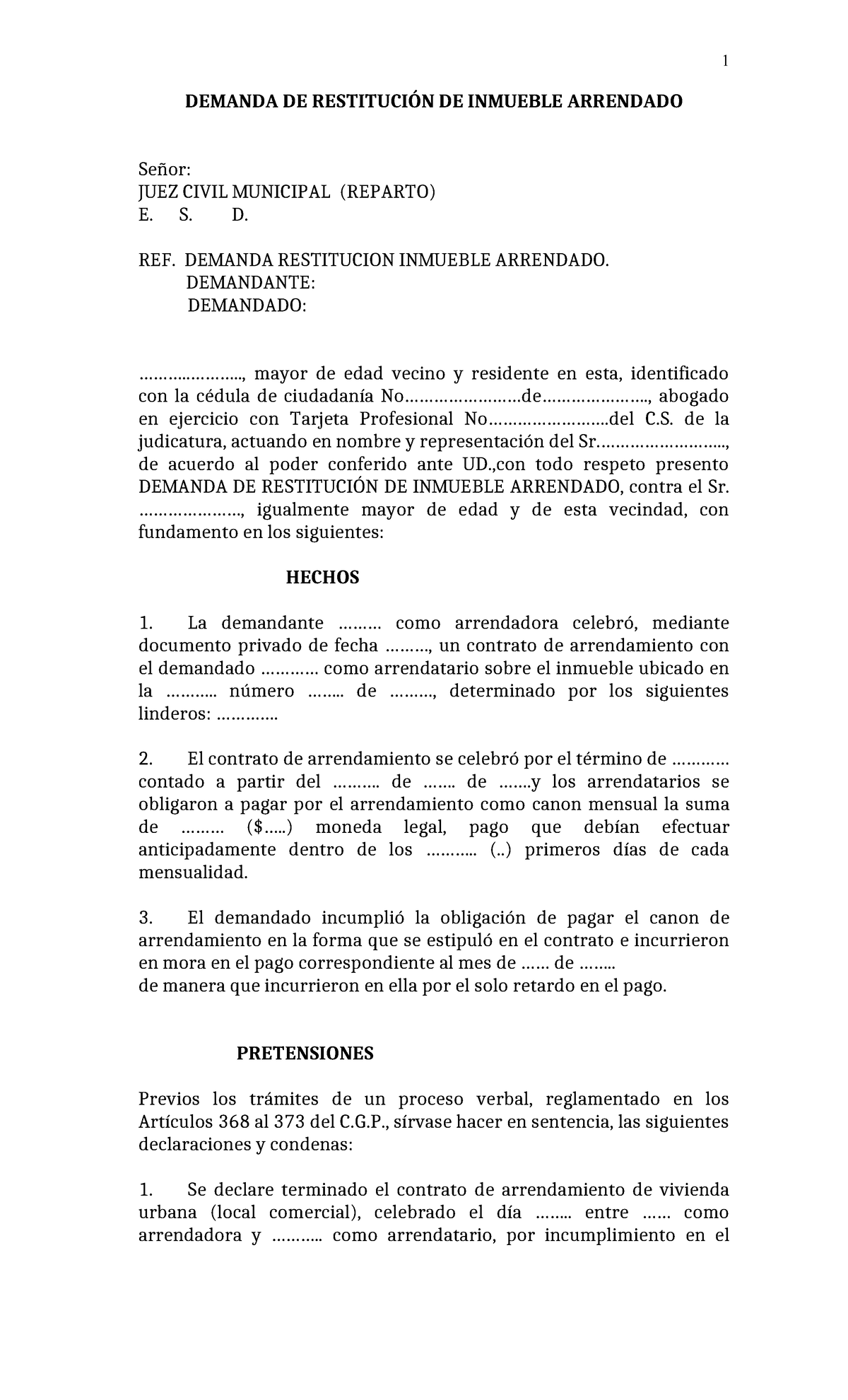 Restitucion Inmueble LEY 1564 DE 2012 - DEMANDA DE RESTITUCIÓN DE ...